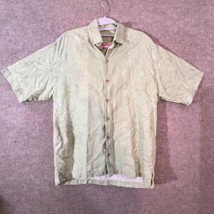 Tommy Bahama Silk Button Up Shirt Mens Medium Green Floral Jacquard Coastal Boho